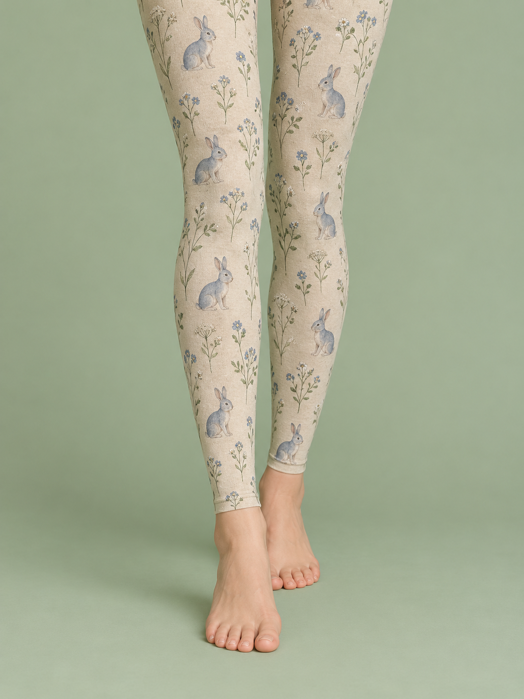 Women Oatmeal Blue Rabbit Botanical Footless Pantyhose