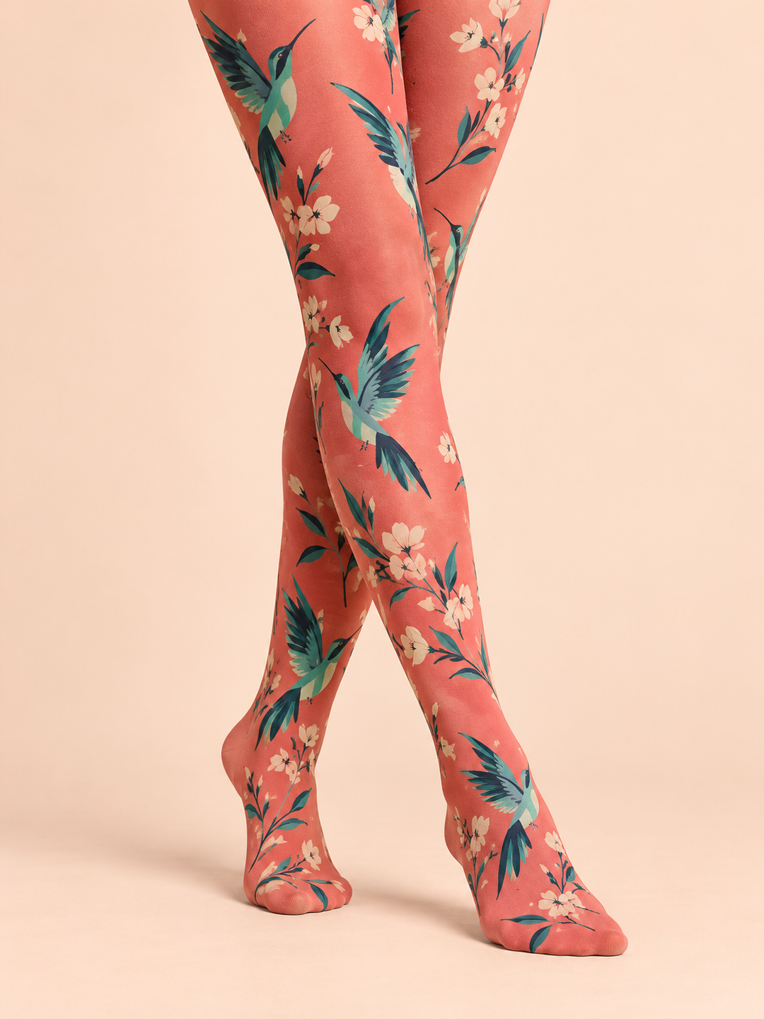 Women Coral Mint Hummingbird Print Full Foot Pantyhose
