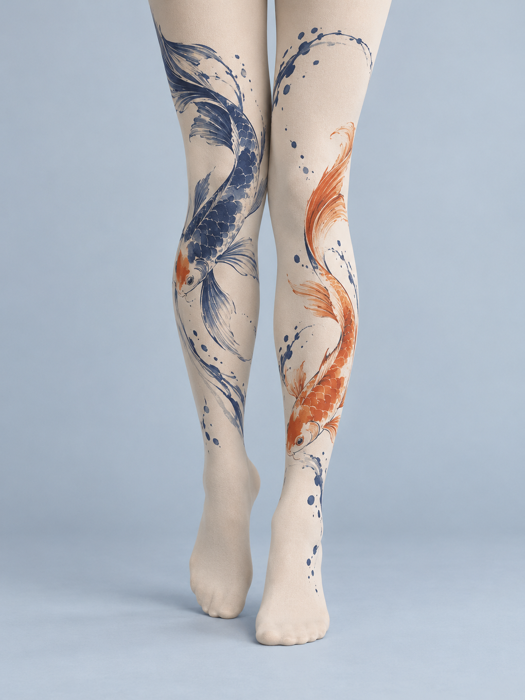 Women Ivory Indigo Koi Brush Print Full Foot Pantyhose
