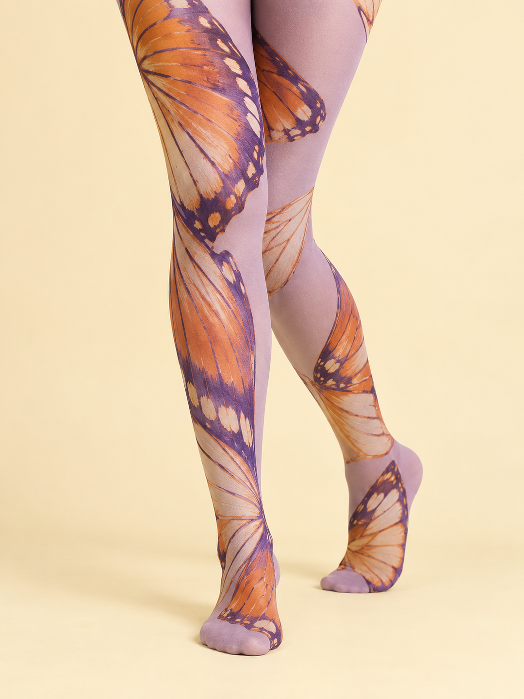 Women Lilac Orange Butterfly Wing Full Foot Pantyhose