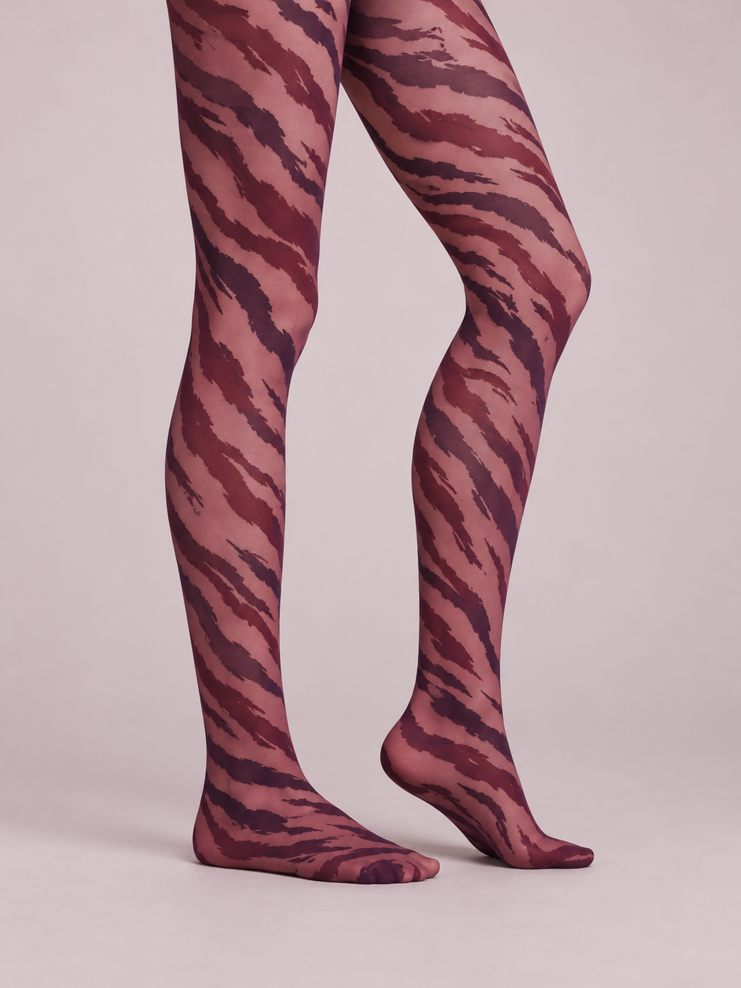 Women Rose Burgundy Tiger Stripe Full Foot Tights Pantyhose