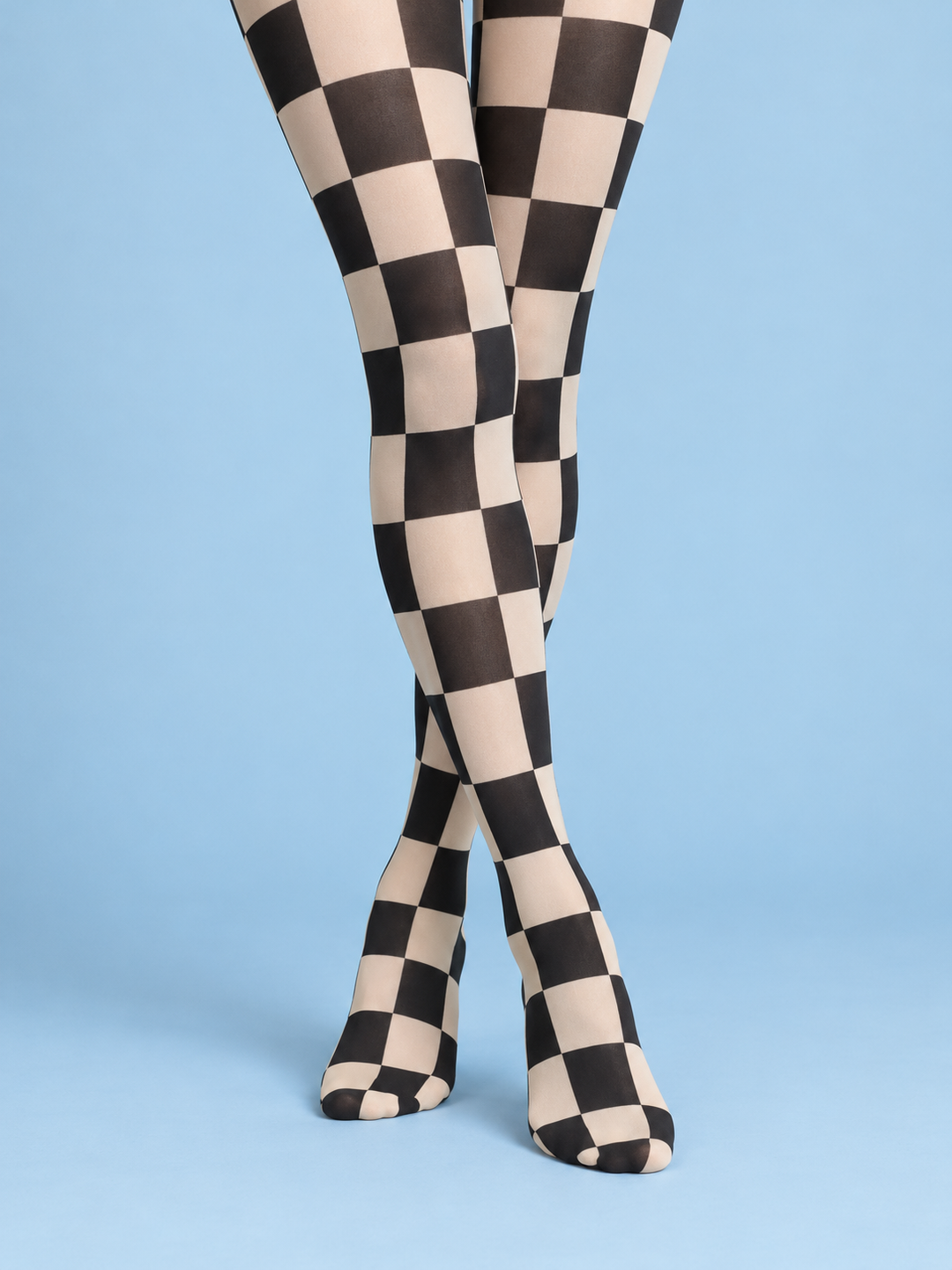 Women Ivory Black Oversized Checker Full Foot Pantyhose