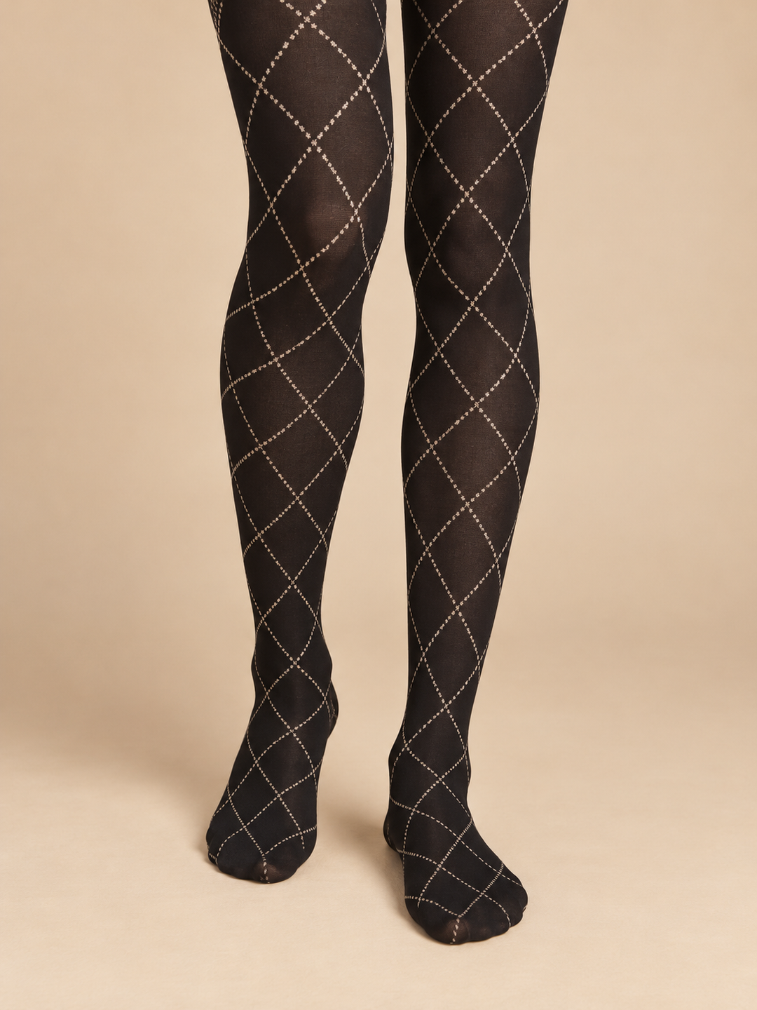 Women Black Ivory Fine Diamond Grid Full Foot Pantyhose