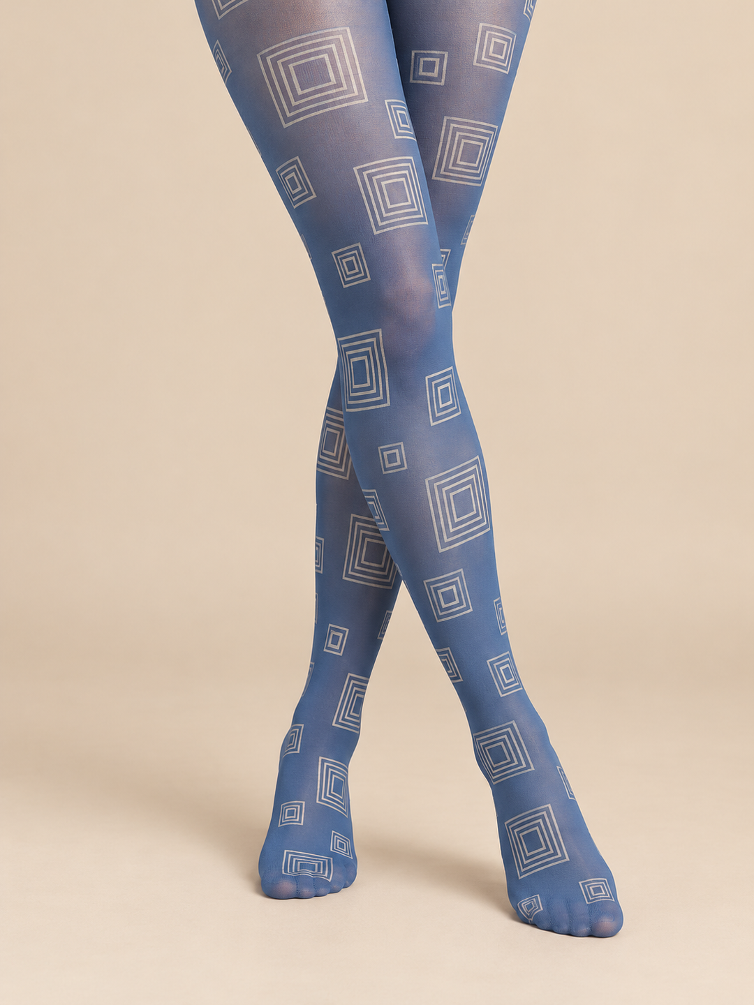 Women Slate Blue Ivory Concentric Square Full Foot Pantyhose