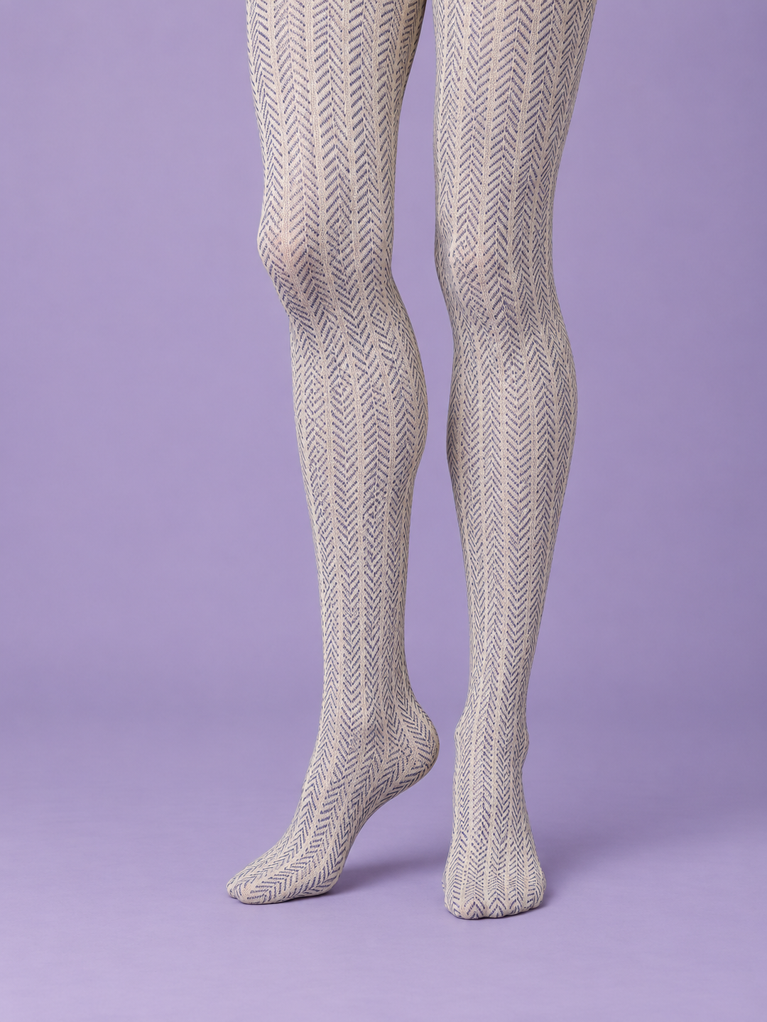 Women Ivory Navy Fine Herringbone Full Foot Pattern Pantyhose