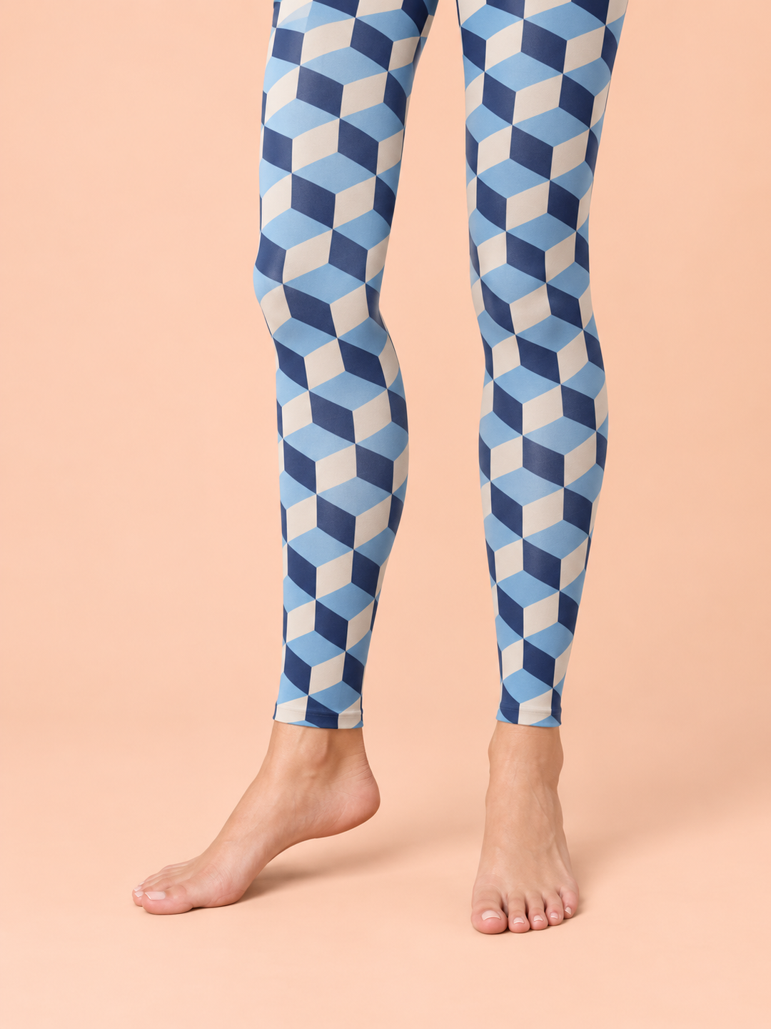 Women Sky Blue Navy Isometric Cube Print Footless Pantyhose