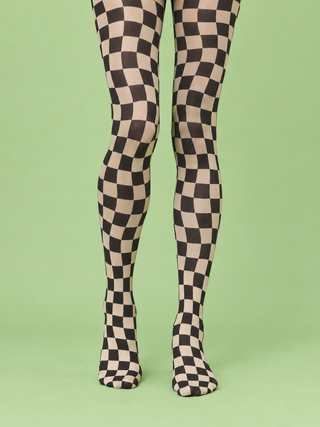 Women Cream Black Wavy Checker Print Full Foot Pantyhose