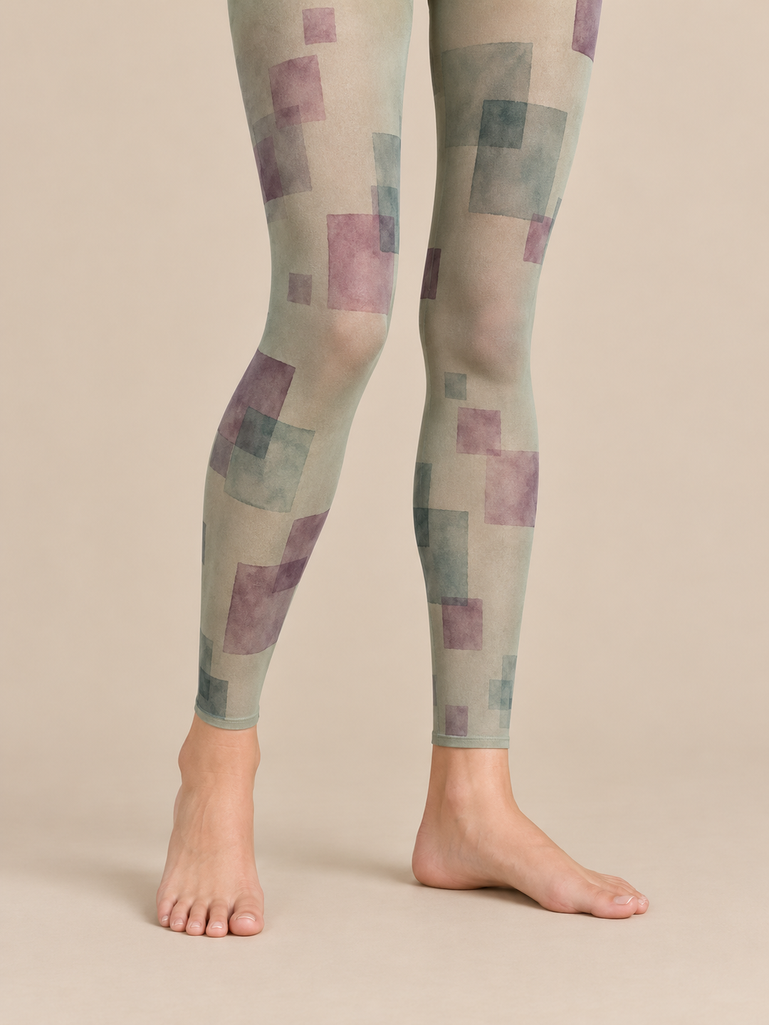 Women Sage Plum Watercolor Square Print Footless Pantyhose