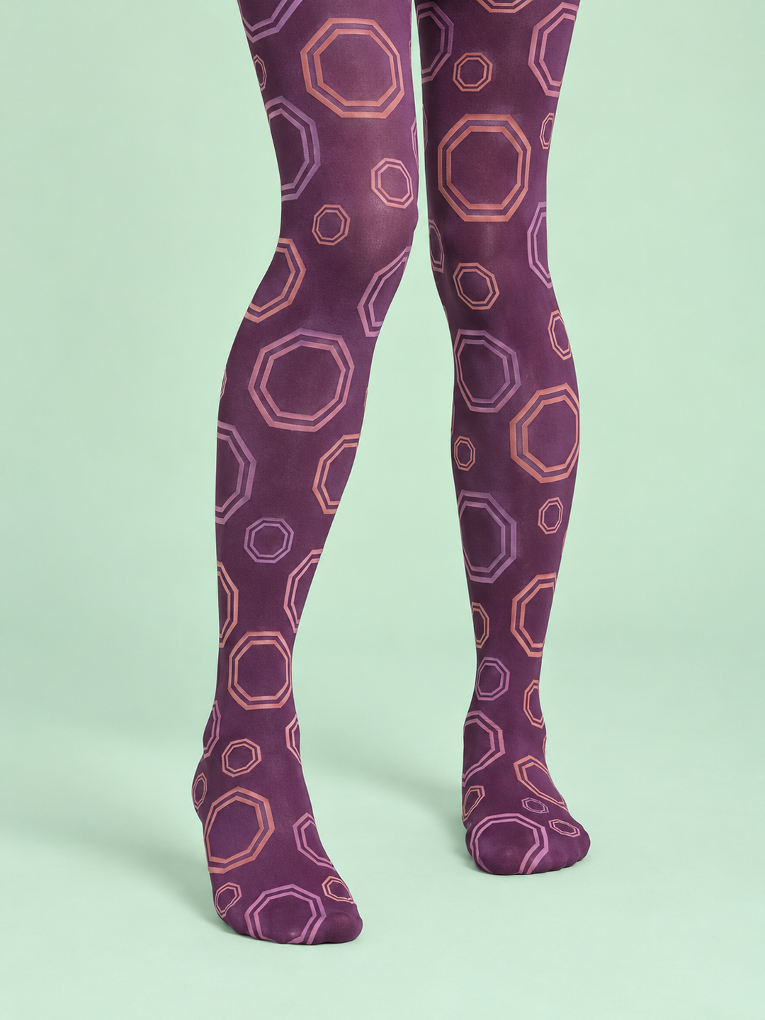Women Plum Peach Nested Octagon Full Foot Pattern Pantyhose