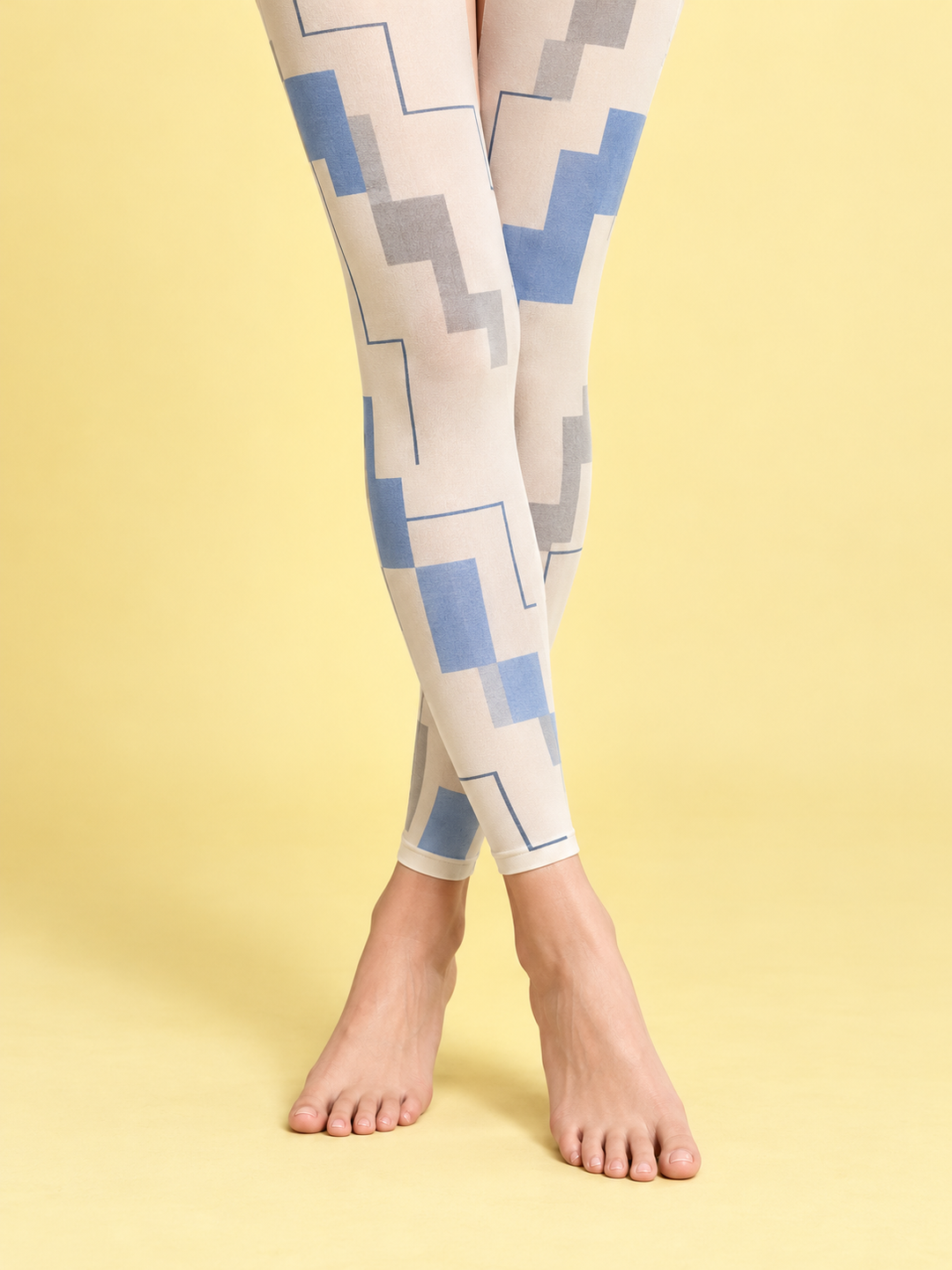 Women Ivory Blue Asymmetric Stair Print Footless Pantyhose