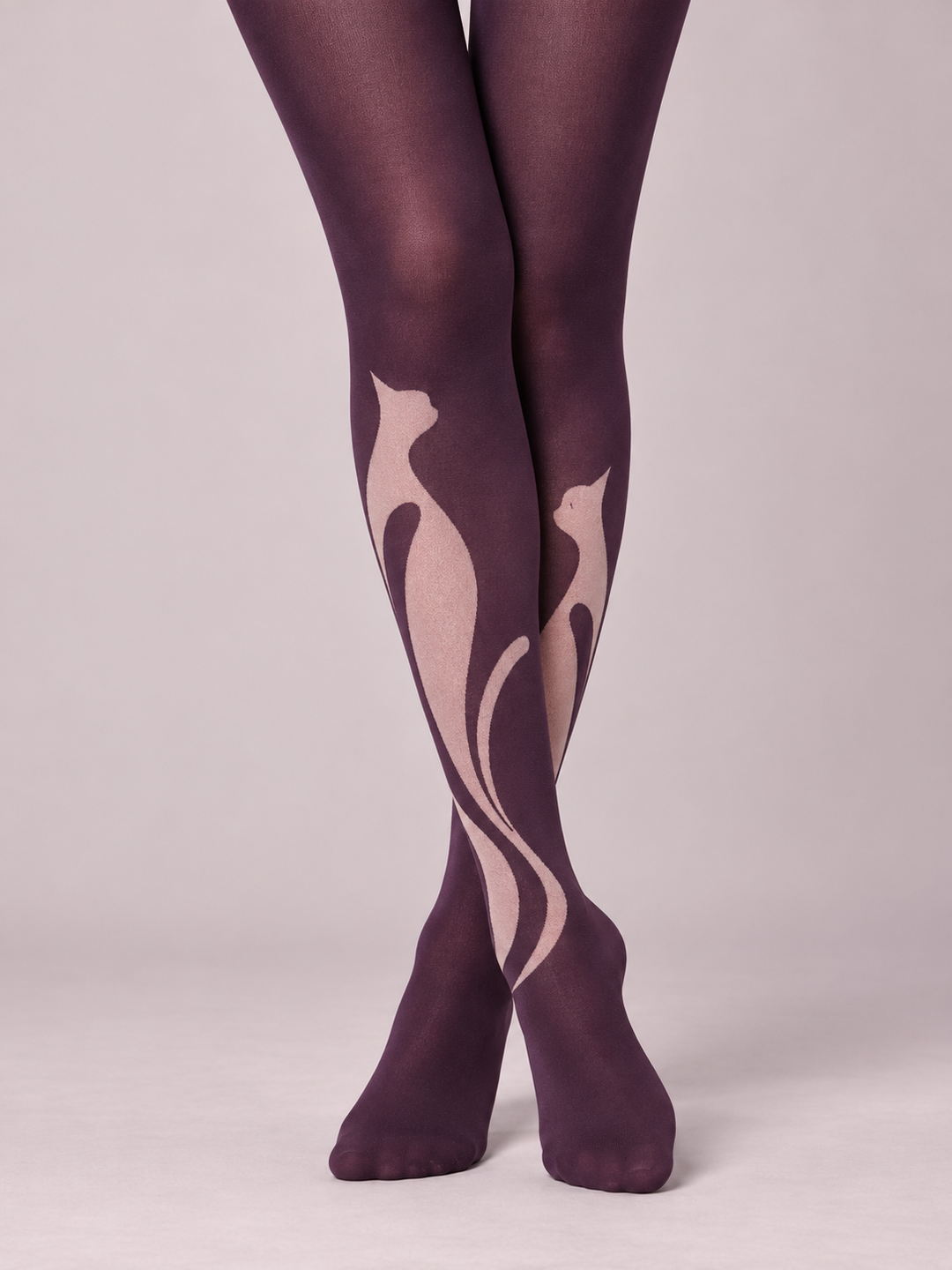 Women Plum Blush Negative Space Cat Full Foot Pantyhose