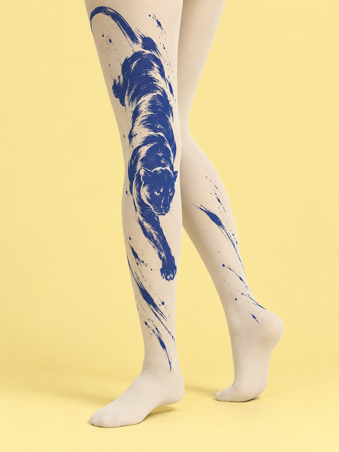 Women Ivory Cobalt Panther Brush Full Foot Tights Pantyhose