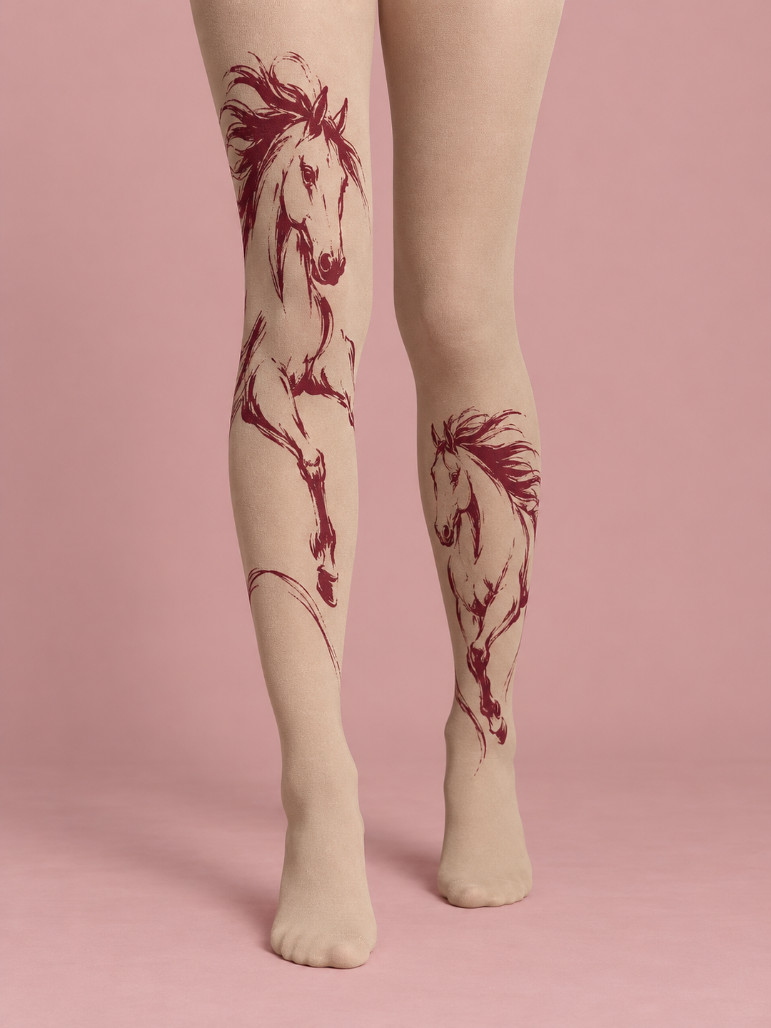 Women Sand Burgundy Horse Gesture Full Foot Pantyhose