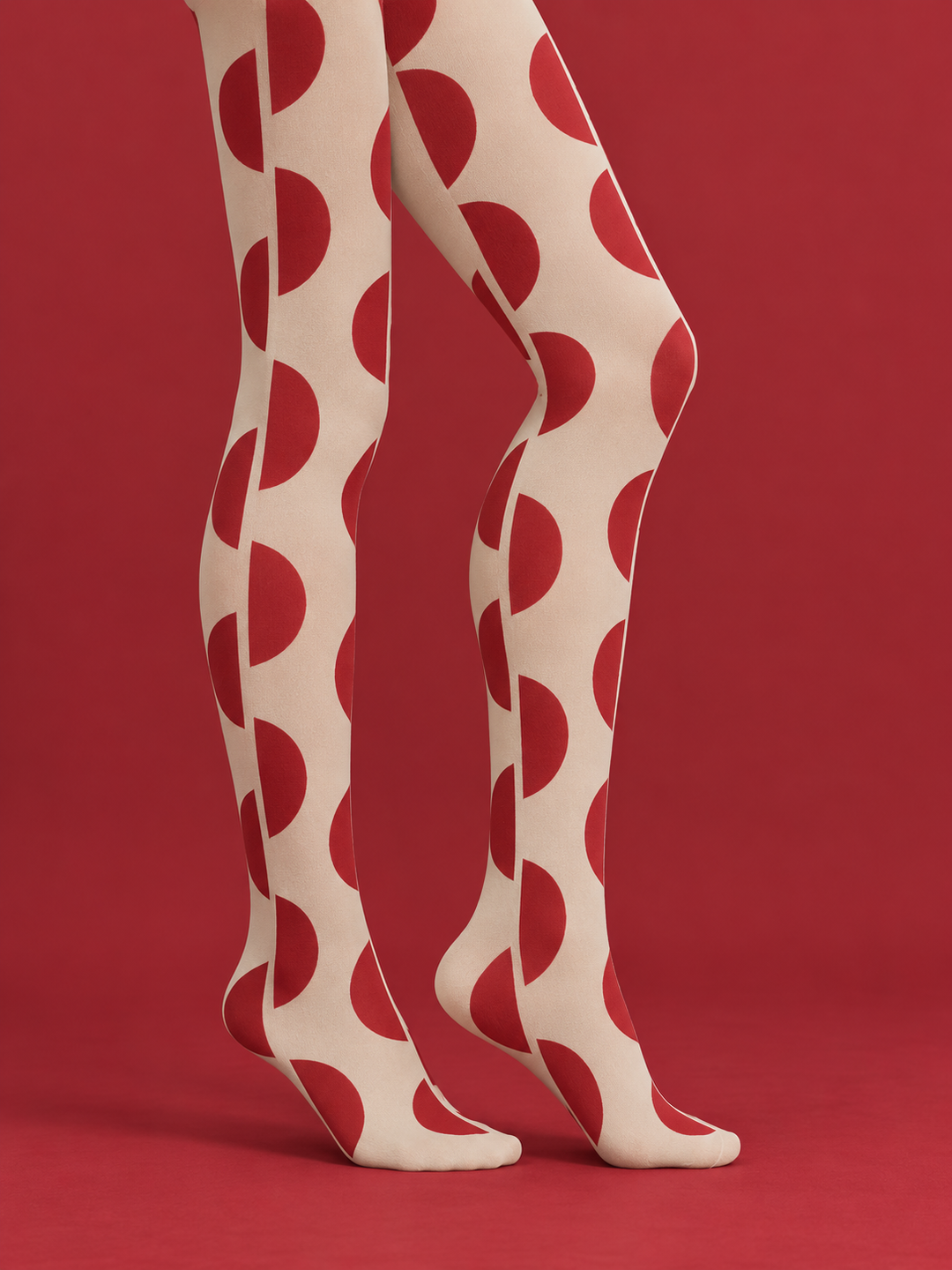 Women Cream Red Offset Half Circle Full Foot Pantyhose