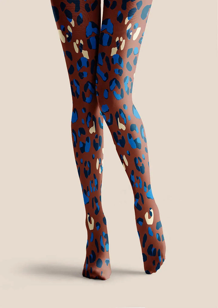 Women Mocha Blue Leopard Animal Print Chic Tights Pantyhose