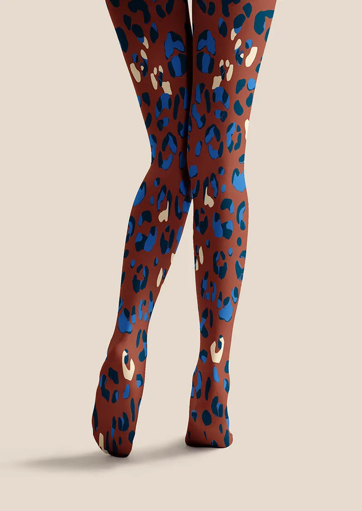 Women Mocha Blue Leopard Animal Print Chic Tights Pantyhose