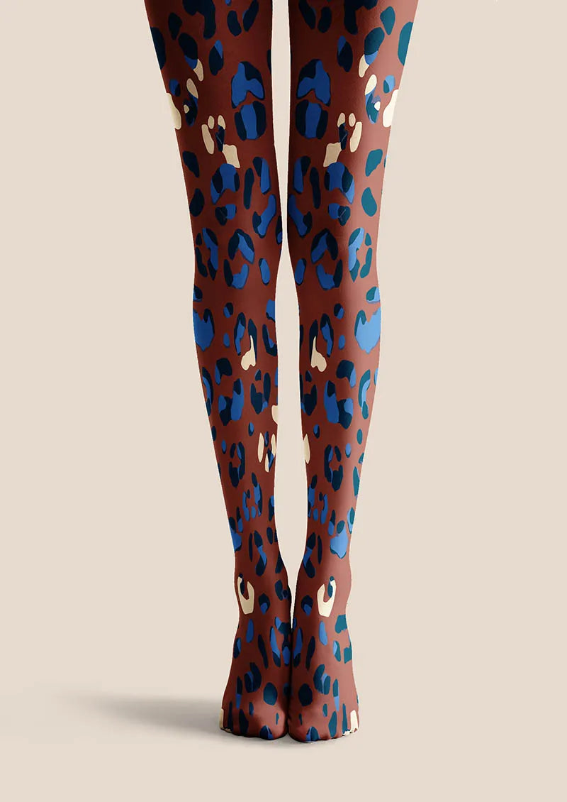 Women Mocha Blue Leopard Animal Print Chic Tights Pantyhose