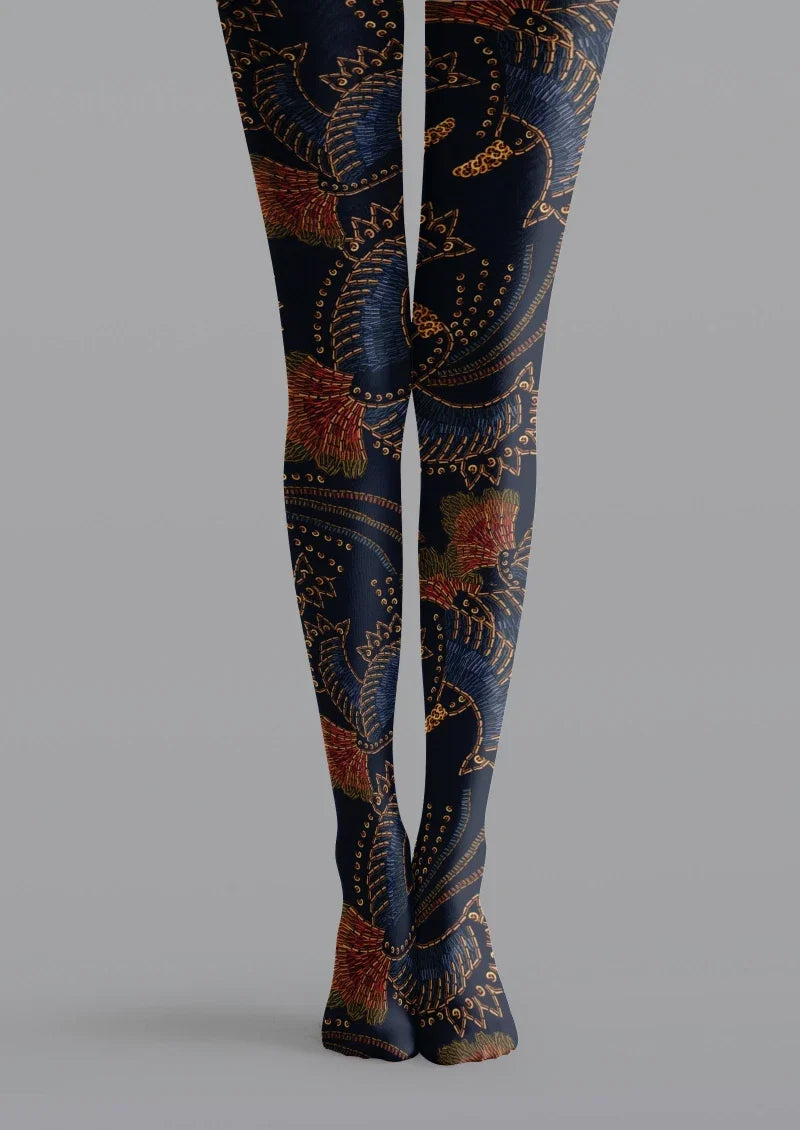 Navy Floral Print Tights Hosiery Pantyhose
