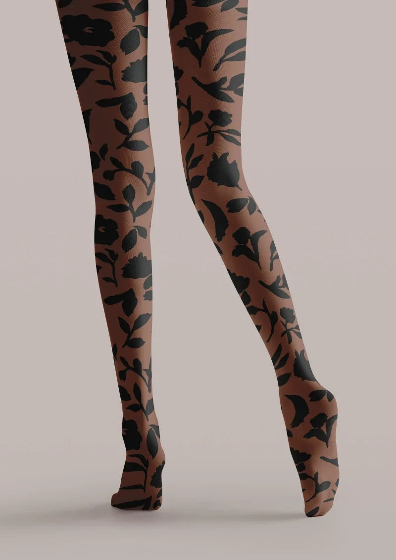 Women Brown Floral Graphic Printed Tights Hosiery Pantyhose