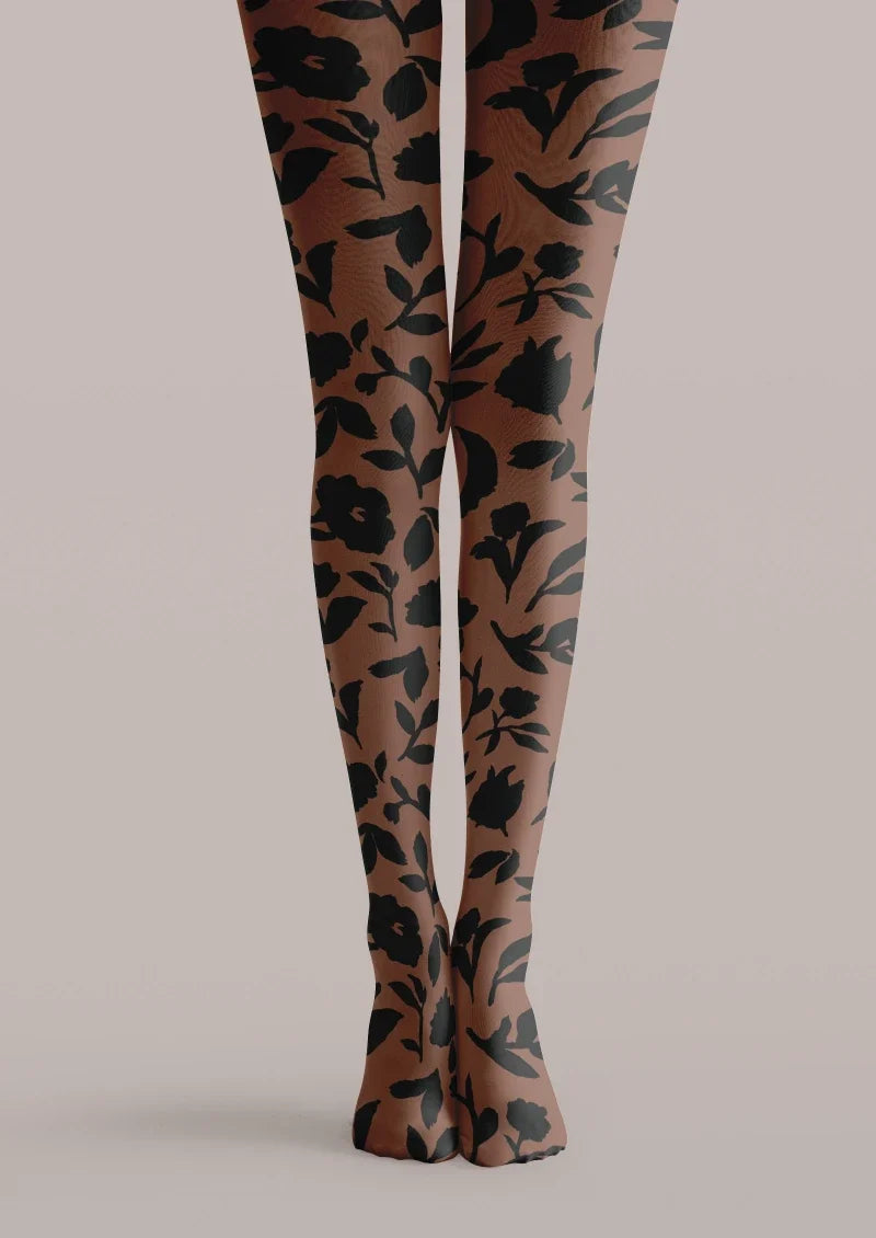 Women Brown Floral Graphic Printed Tights Hosiery Pantyhose