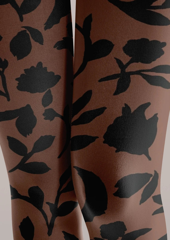 Women Brown Floral Graphic Printed Tights Hosiery Pantyhose
