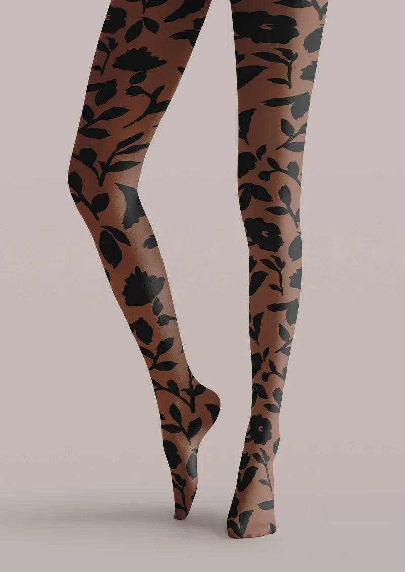 Women Brown Floral Graphic Printed Tights Hosiery Pantyhose