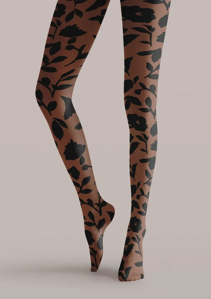 Women Brown Floral Graphic Printed Tights Hosiery Pantyhose