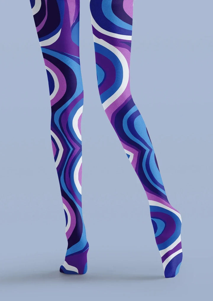 Women Blue Purple Wave Graphic Patterned Tights Pantyhose