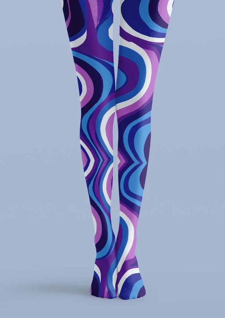 Women Blue Purple Wave Graphic Patterned Tights Pantyhose
