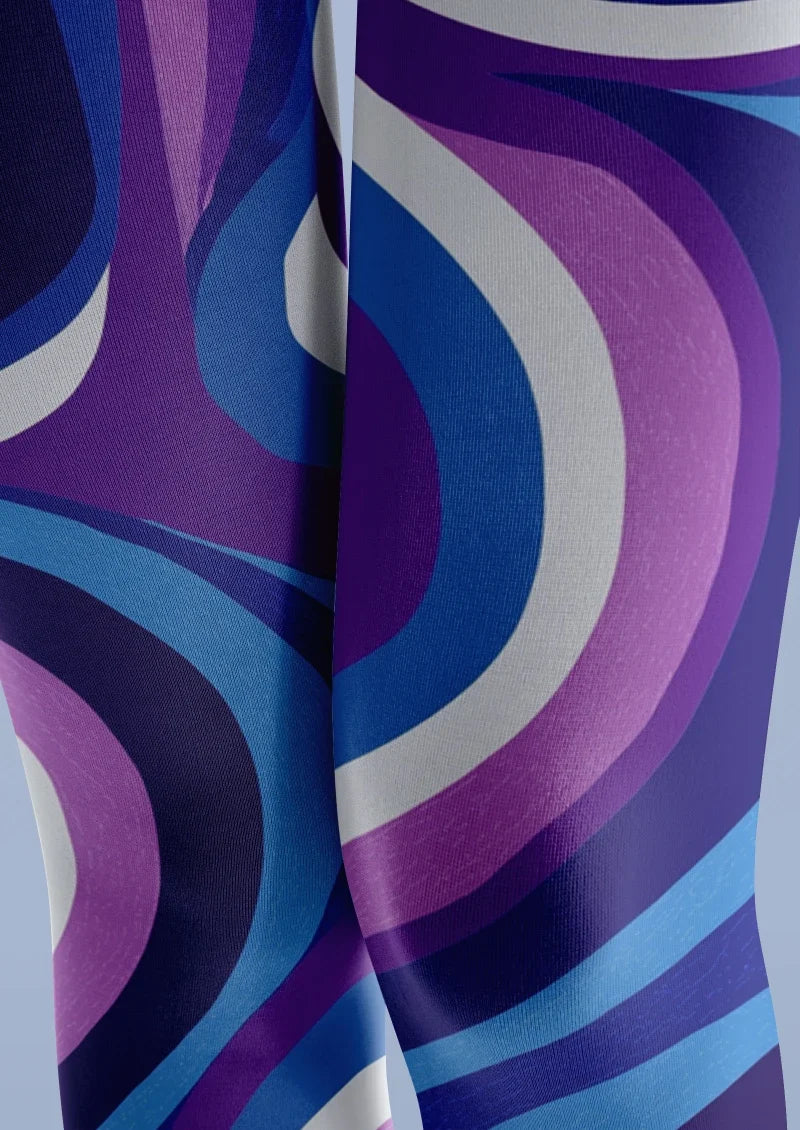 Women Blue Purple Wave Graphic Patterned Tights Pantyhose