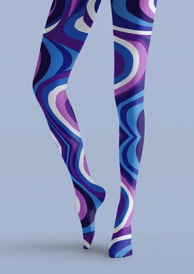 Women Blue Purple Wave Graphic Patterned Tights Pantyhose