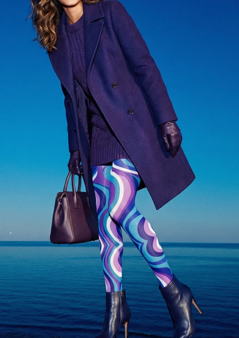 Women Blue Purple Wave Graphic Patterned Tights Pantyhose
