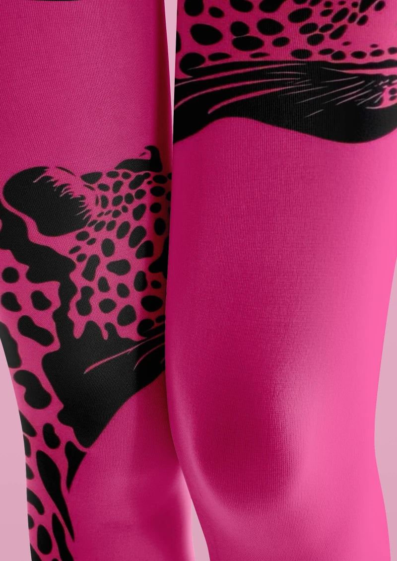 Women Pink Leopard Animal Print Graphic Tights Pantyhose