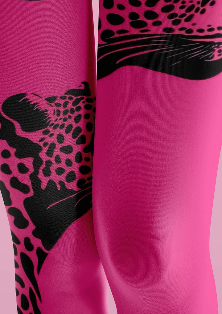 Women Pink Leopard Animal Print Graphic Tights Pantyhose