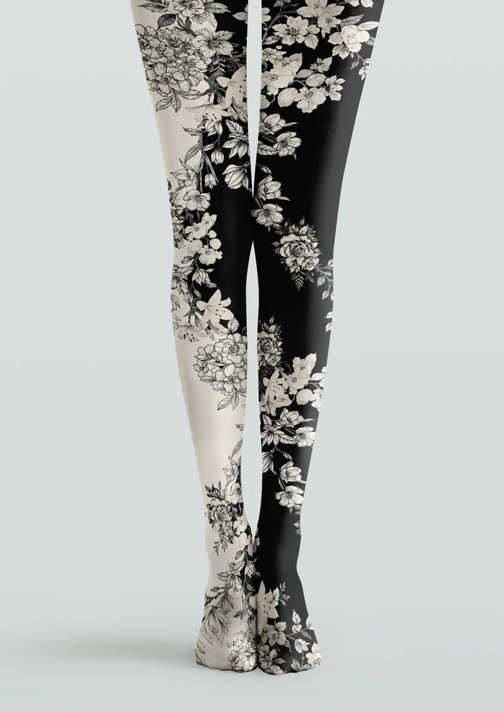 Vintage Contrast Sketch Floral Printed Tights Hosiery Pantyhose