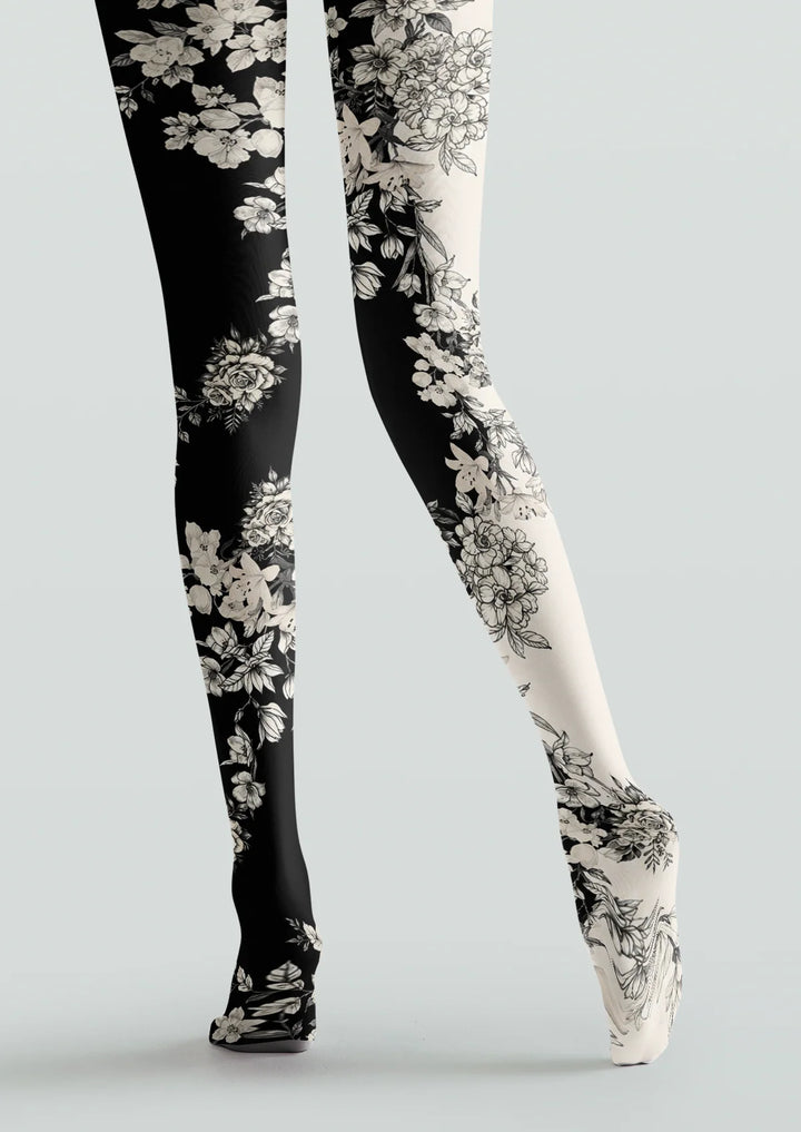 Vintage Contrast Sketch Floral Printed Tights Hosiery Pantyhose