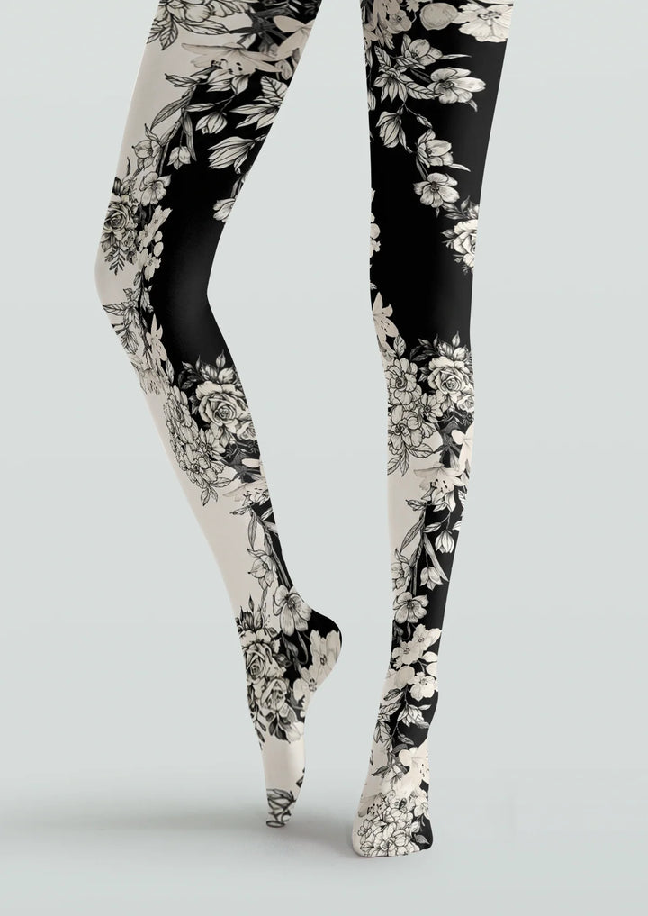 Vintage Contrast Sketch Floral Printed Tights Hosiery Pantyhose