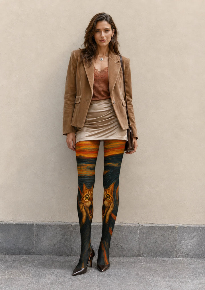 Women The Scream Cat Fine Art Print Tights Hosiery Pantyhose
