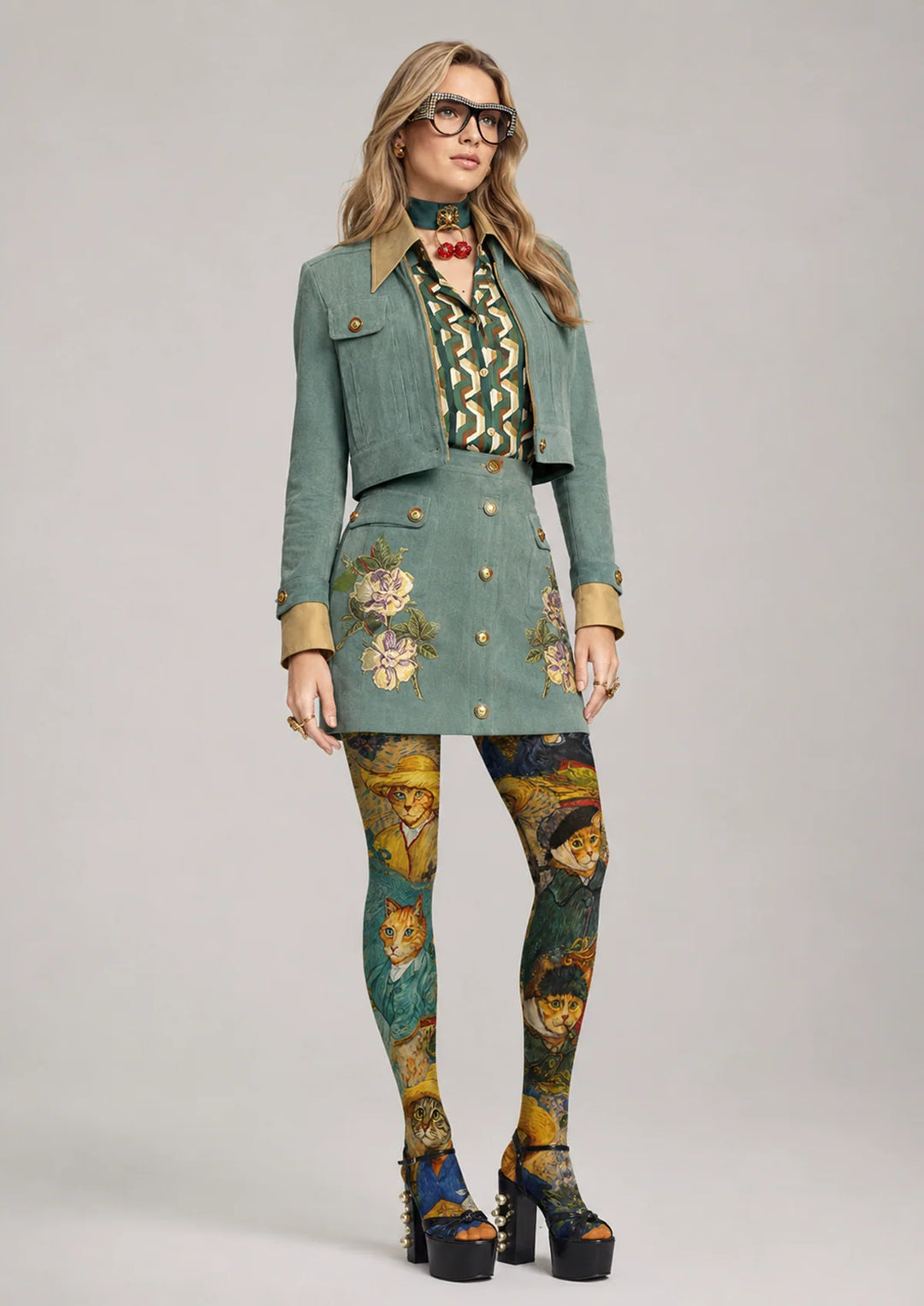 Women Van Gogh Cat Self Portrait Art Tights Hosiery Pantyhose