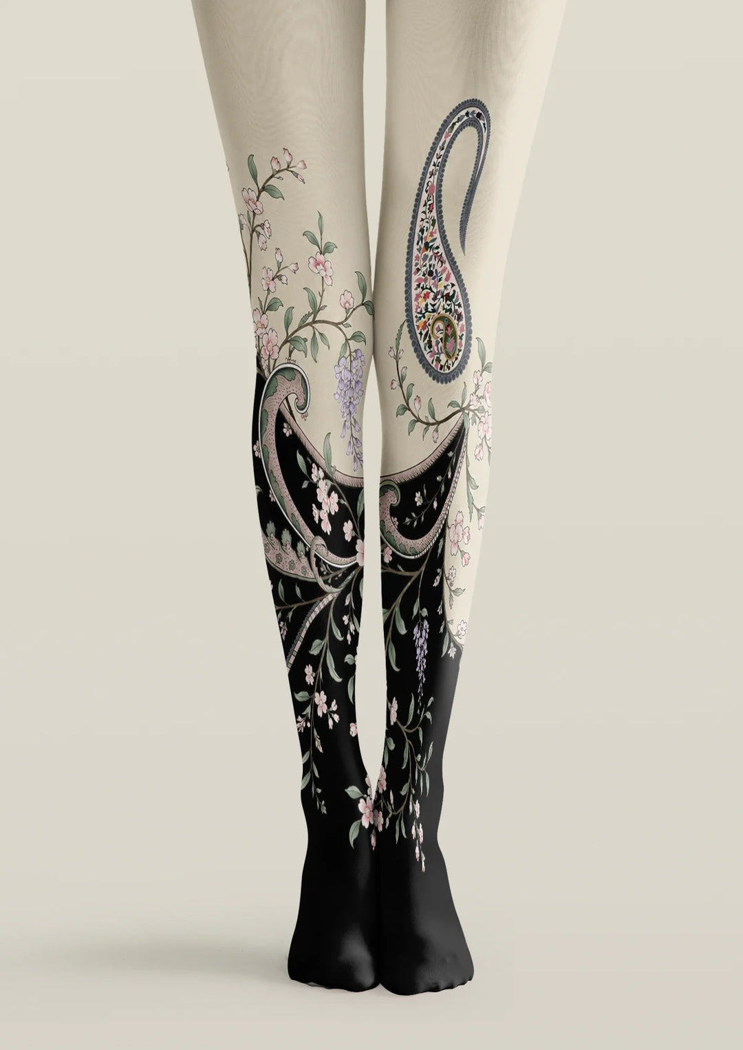 Cream Black Gradient Paisley Floral Tights Hosiery Pantyhose