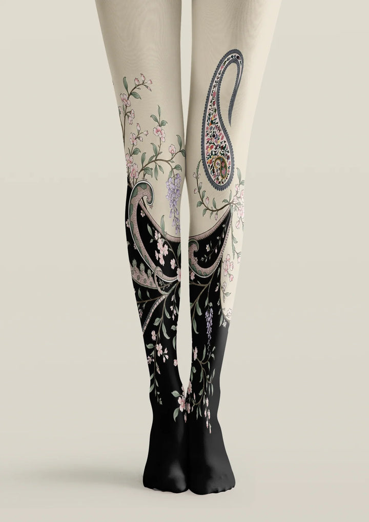 Cream Black Gradient Paisley Floral Tights Hosiery Pantyhose