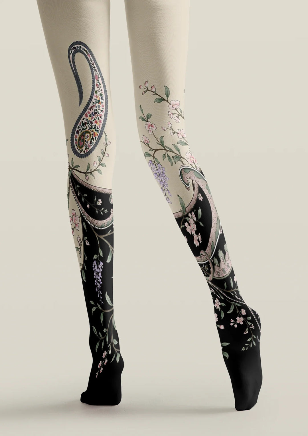 Cream Black Gradient Paisley Floral Tights Hosiery Pantyhose