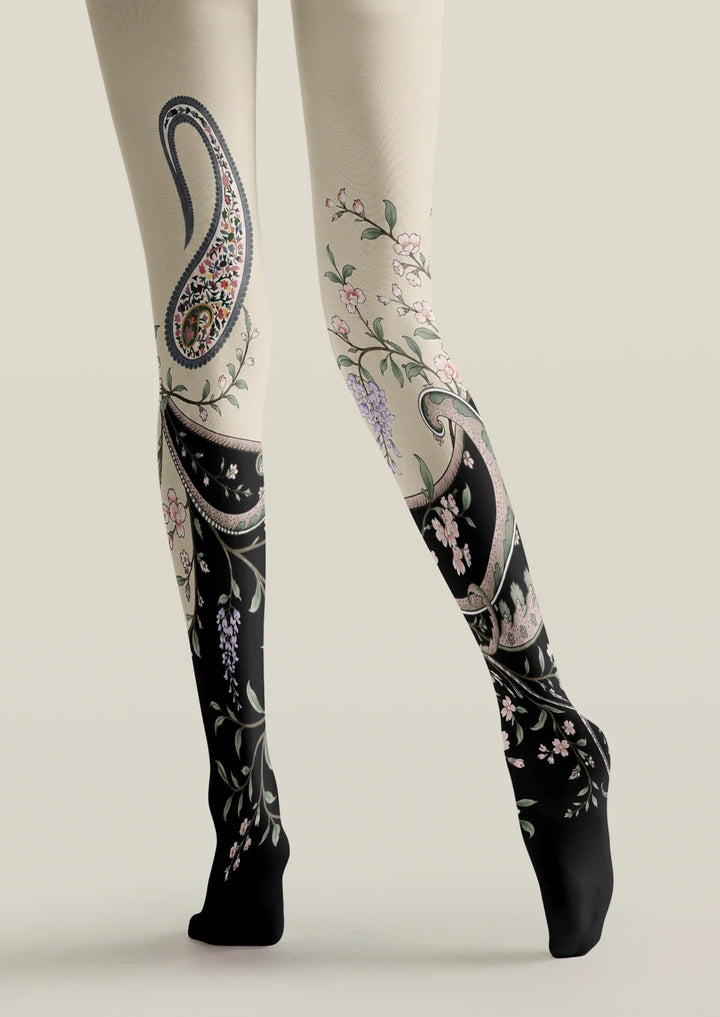 Cream Black Gradient Paisley Floral Tights Hosiery Pantyhose