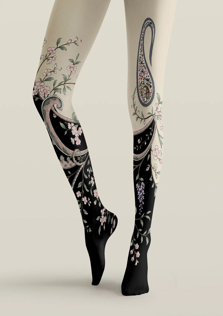 Cream Black Gradient Paisley Floral Tights Hosiery Pantyhose