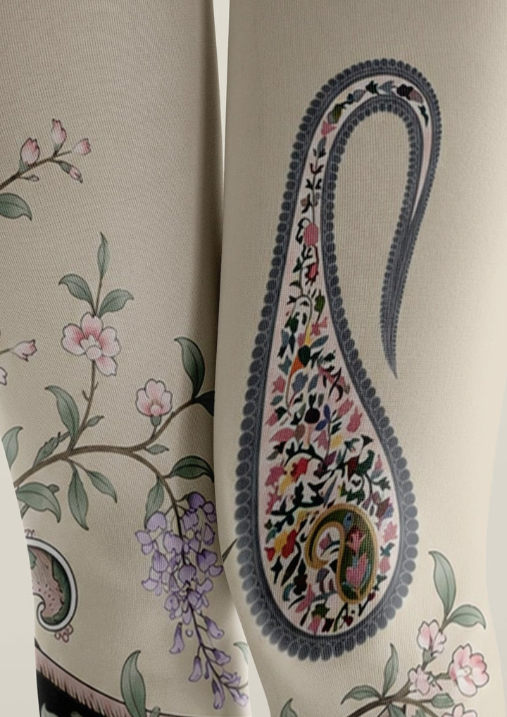 Cream Black Gradient Paisley Floral Tights Hosiery Pantyhose