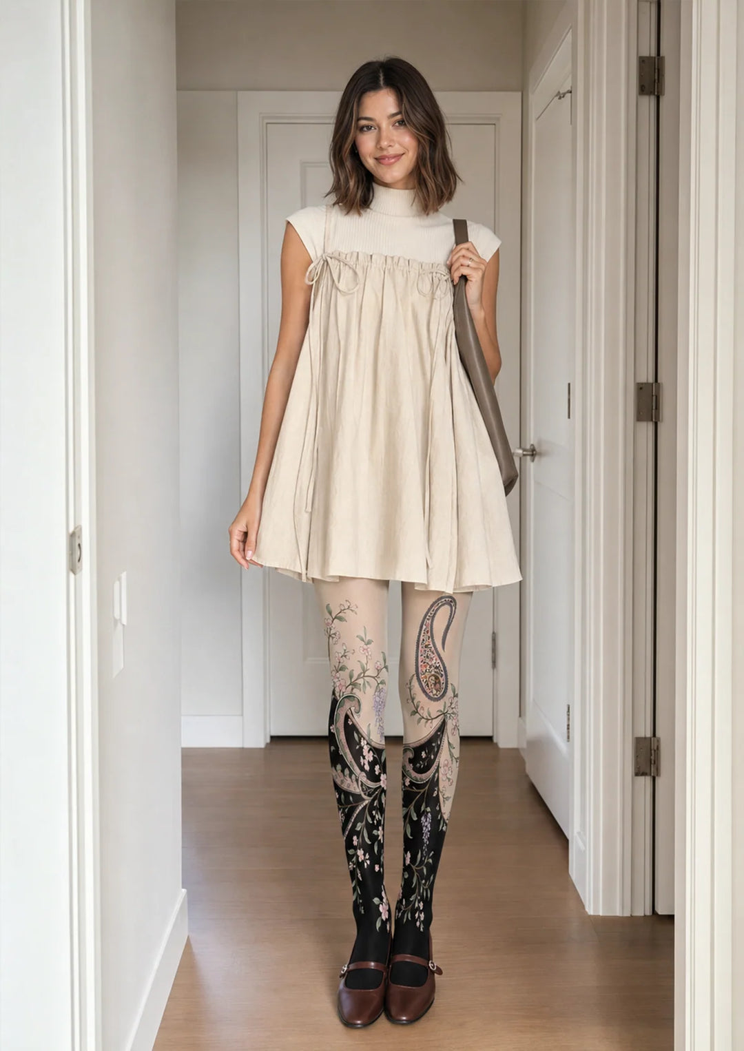 Cream Black Gradient Paisley Floral Tights Hosiery Pantyhose