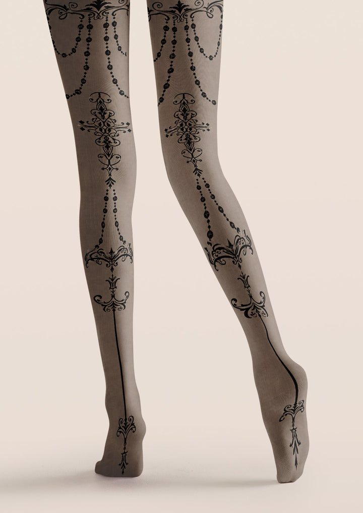 Gray Baroque Tattoo Print Tights Hosiery Pantyhose