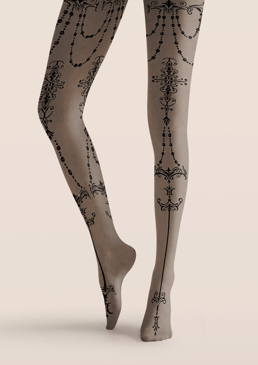 Gray Baroque Tattoo Print Tights Hosiery Pantyhose