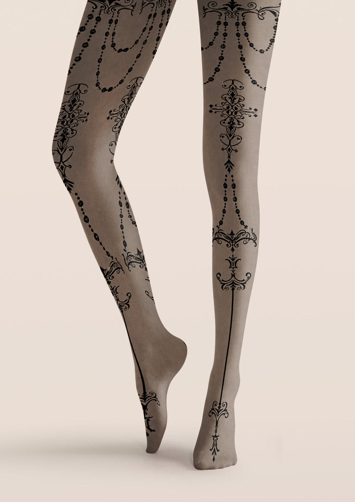 Gray Baroque Tattoo Print Tights Hosiery Pantyhose
