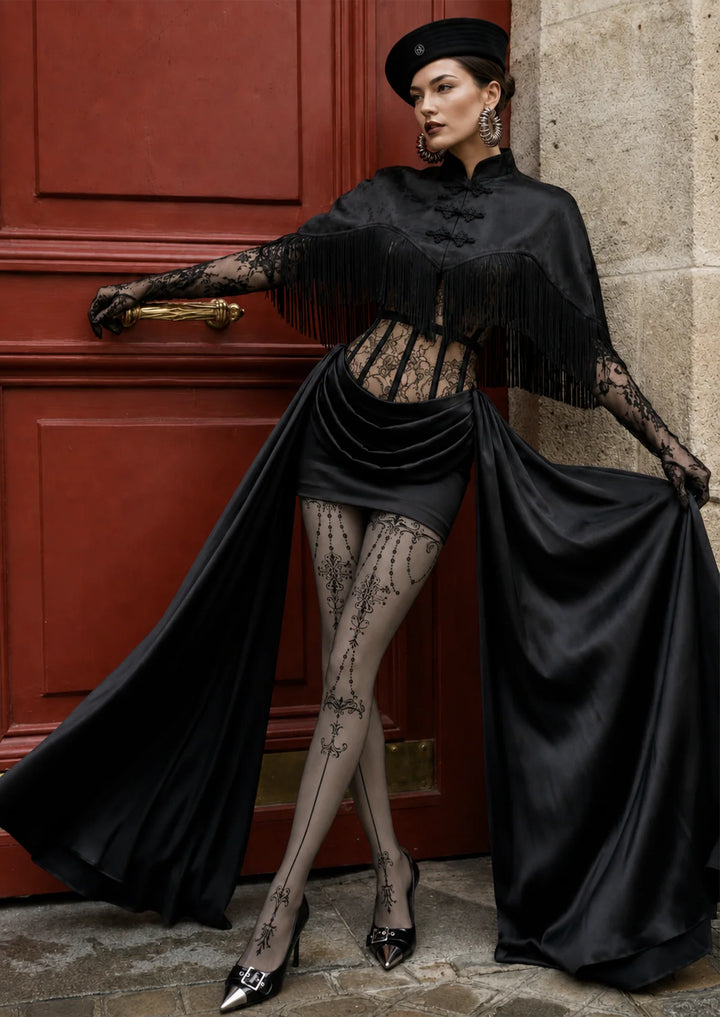 Gray Baroque Tattoo Print Tights Hosiery Pantyhose